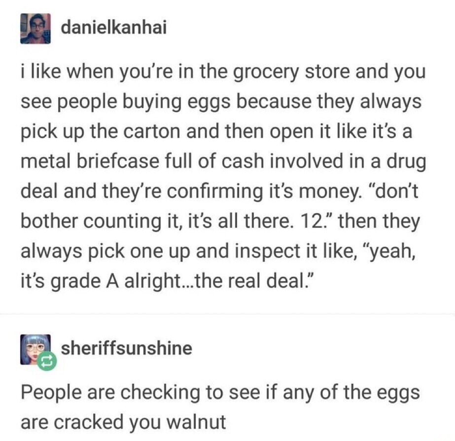 i like when you're in the grocery store and you see people buying eggs because they always pick up the carton and then open it like it's a metal briefcase full of cash involved in a drug deal and they're confirming it's money. 