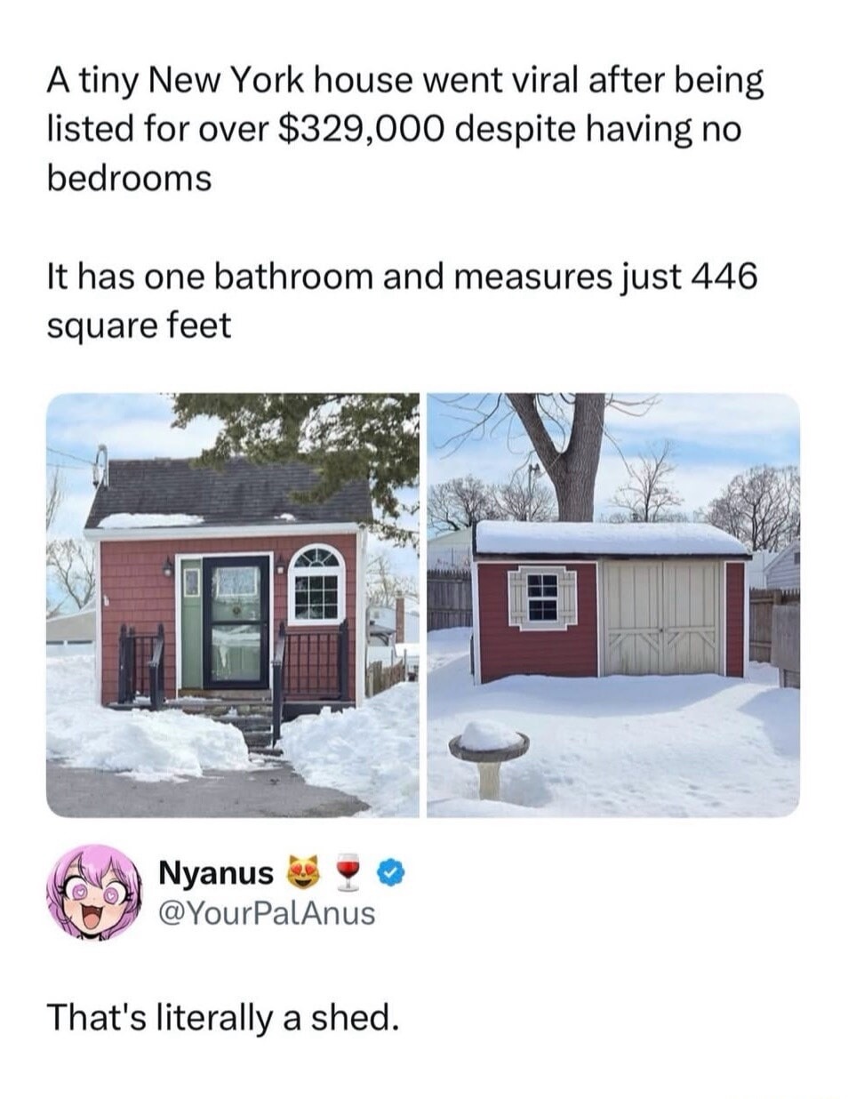 A tiny New York house went viral after being listed for over $329,000 despite having no bedrooms. It has one bathroom and measures just 446 square feet. That's literally a shed.