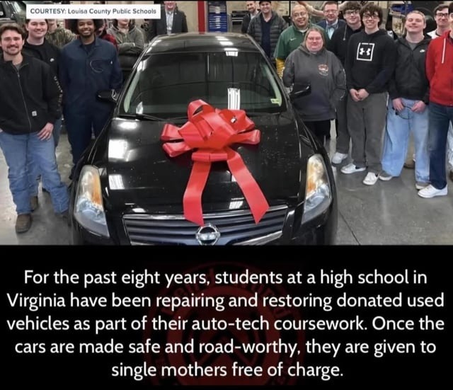 COURTESY: Louisa County Public Schools For the past eight years, students at a high school in Virginia have been repairing and restoring donated used vehicles as part of their auto-tech coursework. Once the cars are made safe and road-worthy, they are given to single mothers free of charge.