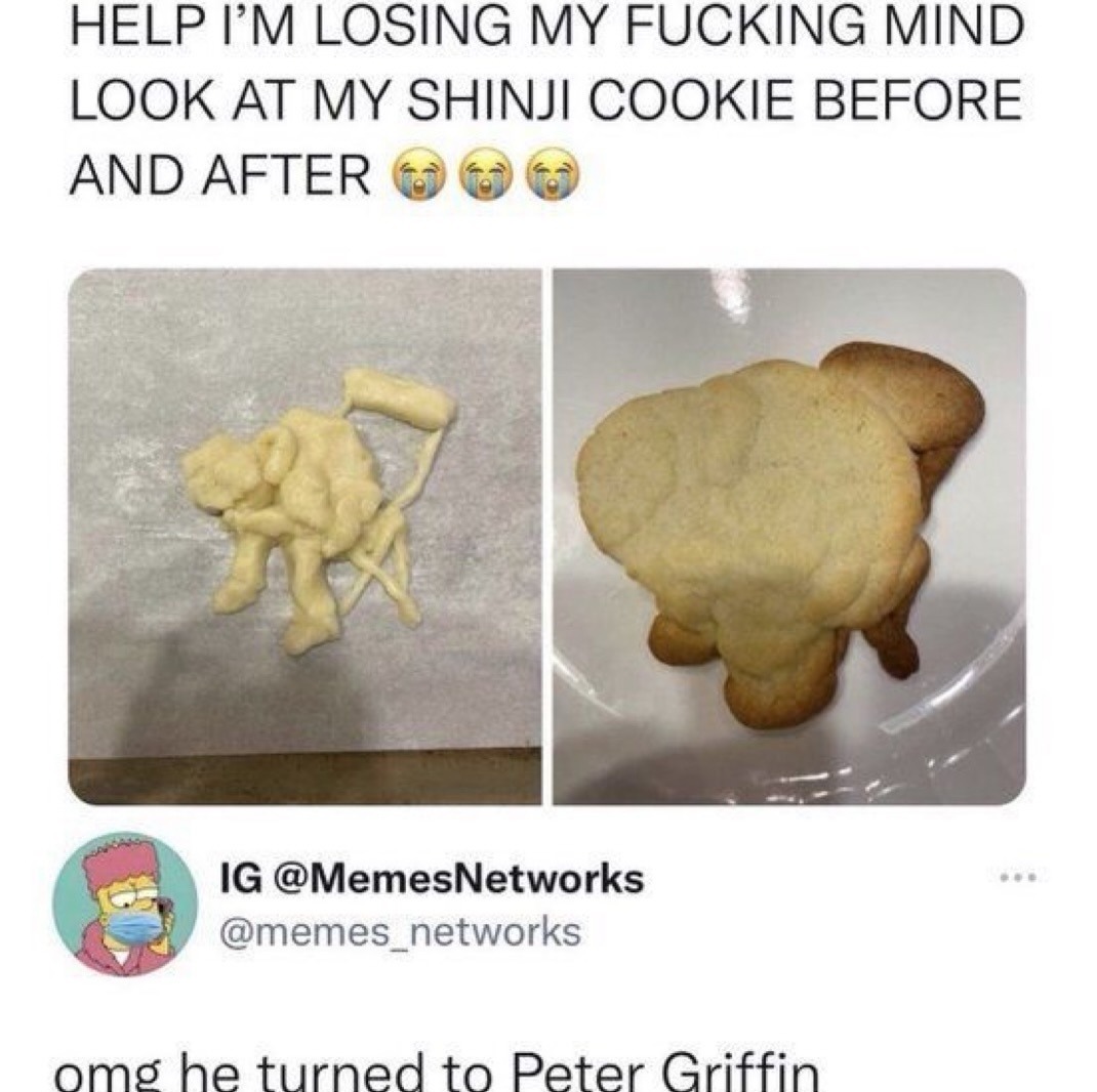 HELP I'M LOSING MY FUCKING MIND LOOK AT MY SHINJI COOKIE BEFORE AND AFTER 😭😭😭 omg he turned to Peter Griffin