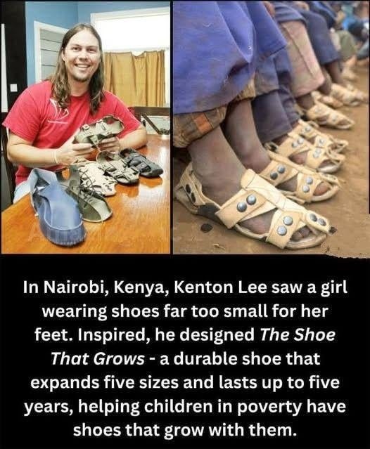 In Nairobi, Kenya, Kenton Lee saw a girl wearing shoes far too small for her feet. Inspired, he designed The Shoe That Grows - a durable shoe that expands five sizes and lasts up to five years, helping children in poverty have shoes that grow with them.