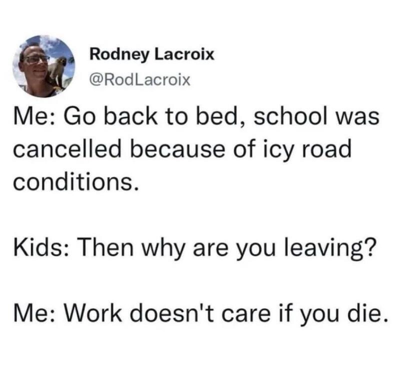 Rodney Lacroix @RodLacroix Me: Go back to bed, school was cancelled because of icy road conditions. Kids: Then why are you leaving? Me: Work doesn't care if you die.