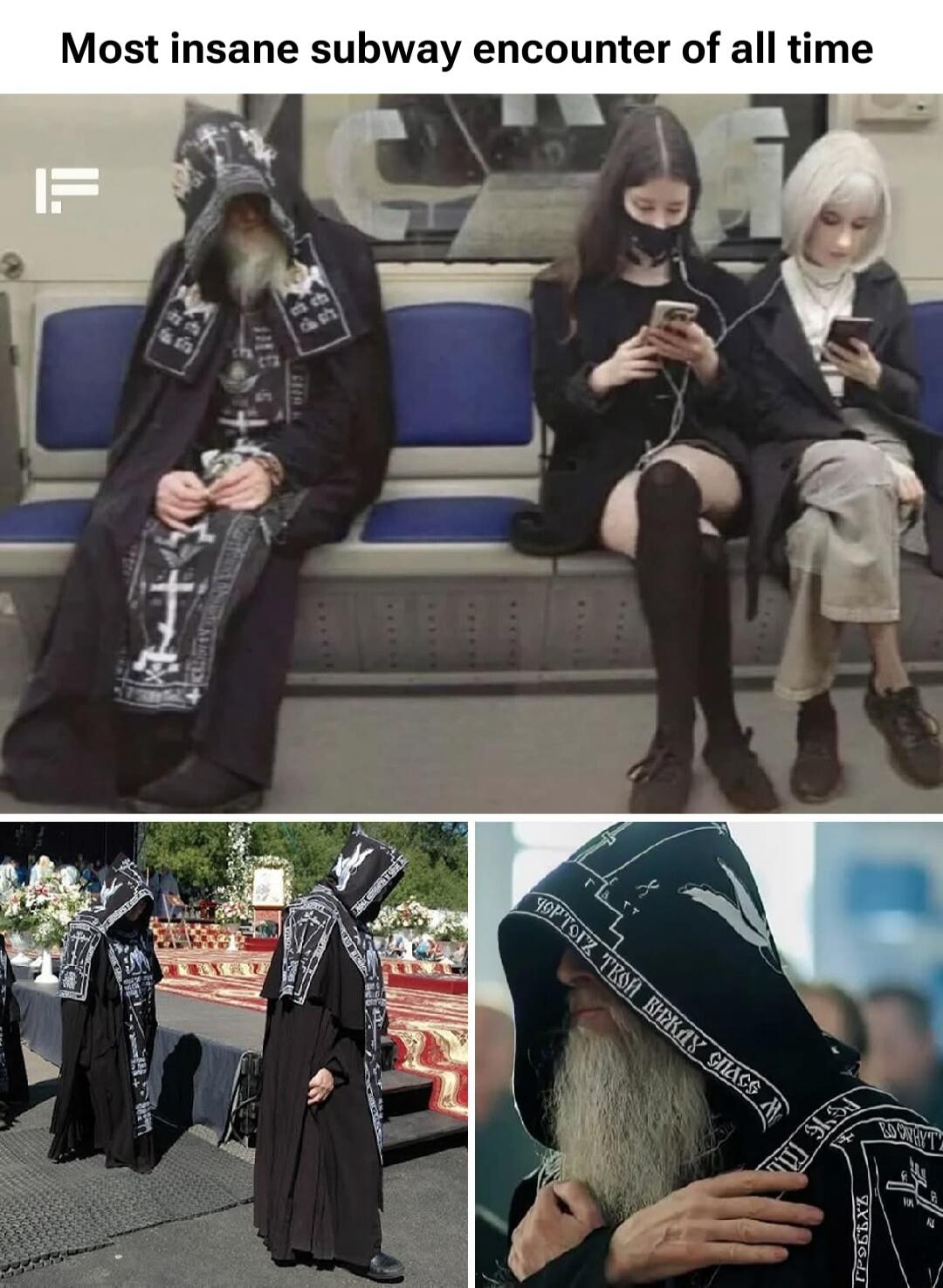 Most insane subway encounter of all time. An elderly man with a long white beard, dressed in a traditional black monastic or religious robe with white crosses and Cyrillic inscriptions, sits in a subway car. Next to him are two young women in modern dark clothing, both engrossed in their smartphones. The image highlights the stark contrast between 