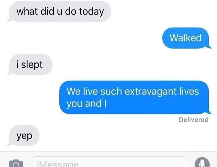 What did you do today? Walked. I slept. We live such extravagant lives you and I. Yep.