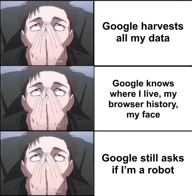 Google harvests all my data. Google knows where I live, my browser history, my face. Google still asks if I'm a robot.