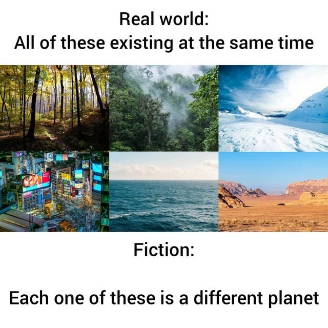 Real world: All of these existing at the same time. Fiction: Each one of these is a different planet.