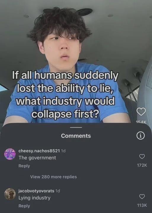 If all humans suddenly lost the ability to lie, what industry would collapse first? The government. Lying industry.