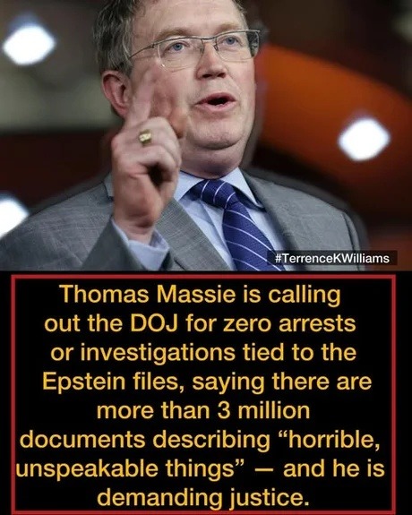 Thomas Massie is calling out the DOJ for zero arrests or investigations tied to the Epstein files, saying there are more than 3 million documents describing “horrible, unspeakable things” — and he is demanding justice. #TerrenceKWilliams