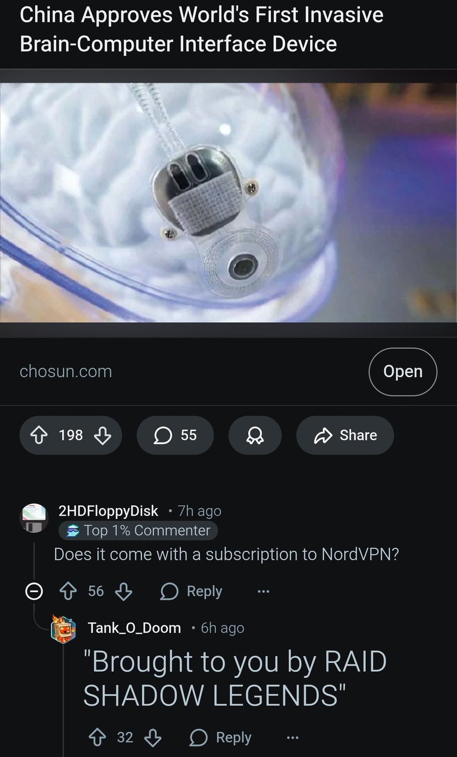 China Approves World's First Invasive Brain-Computer Interface Device. Does it come with a subscription to NordVPN? 