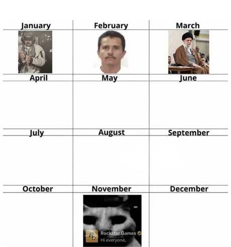 A calendar meme showing different figures for each month. January features a man in military gear. February shows a mugshot of a man. March displays a religious leader. November has a distorted, creepy face with the Rockstar Games logo and text 'Hi everyone,'. This meme references the GTA 6 leaks that occurred in November.