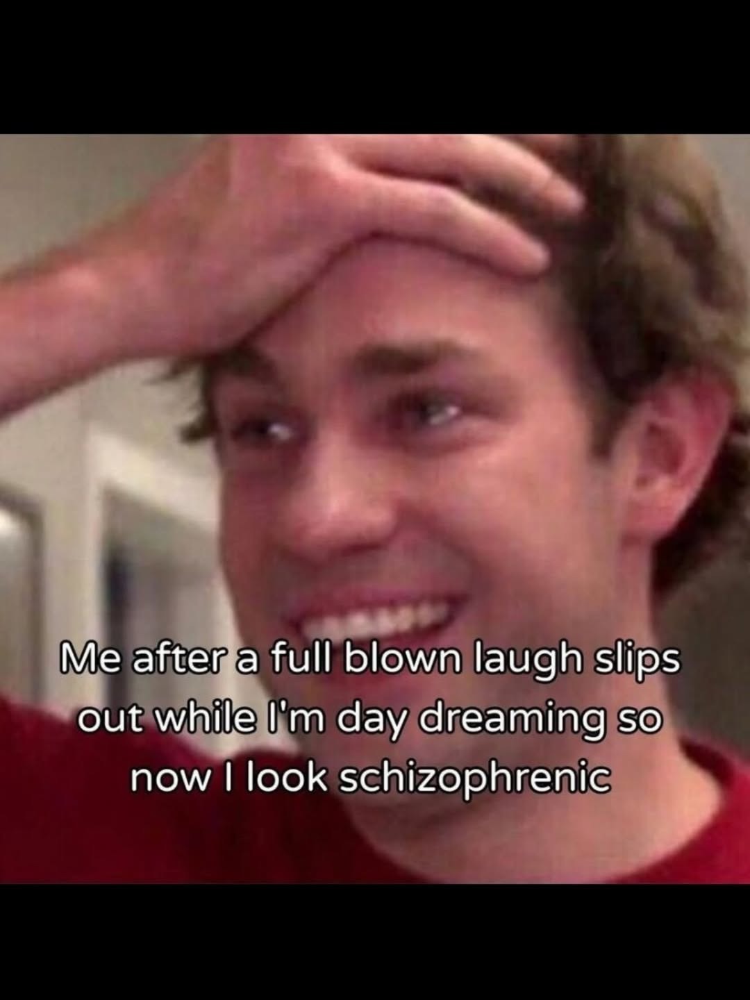 Me after a full blown laugh slips out while I'm day dreaming so now I look schizophrenic