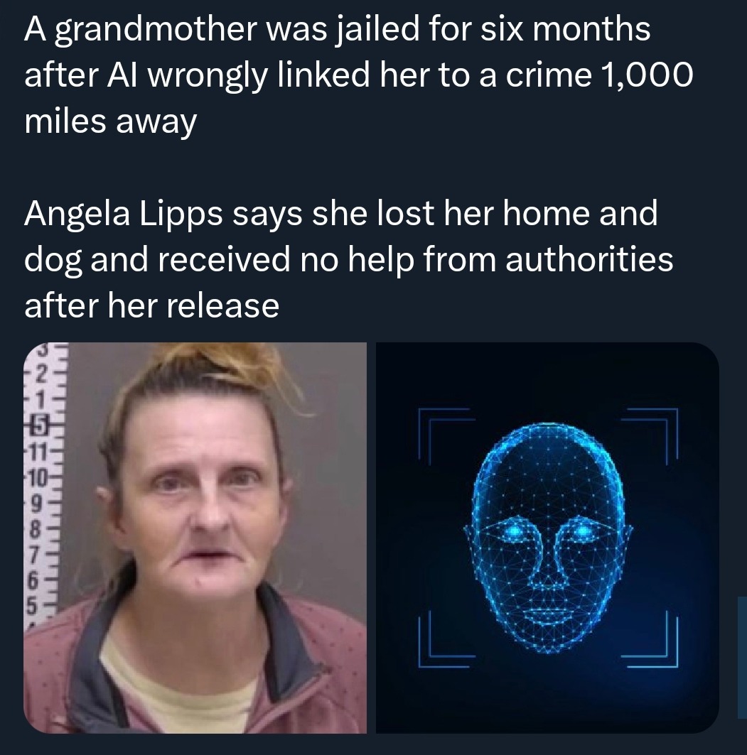 A grandmother was jailed for six months after AI wrongly linked her to a crime 1,000 miles away. Angela Lipps says she lost her home and dog and received no help from authorities after her release.
