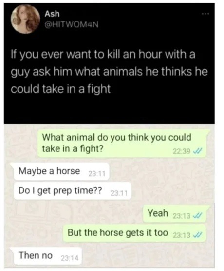 Ash @HITWOM4N If you ever want to kill an hour with a guy ask him what animals he thinks he could take in a fight. Chat: What animal do you think you could take in a fight? Maybe a horse. Do I get prep time?? Yeah. But the horse gets it too. Then no.