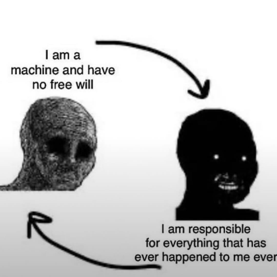 I am a machine and have no free will. I am responsible for everything that has ever happened to me ever.