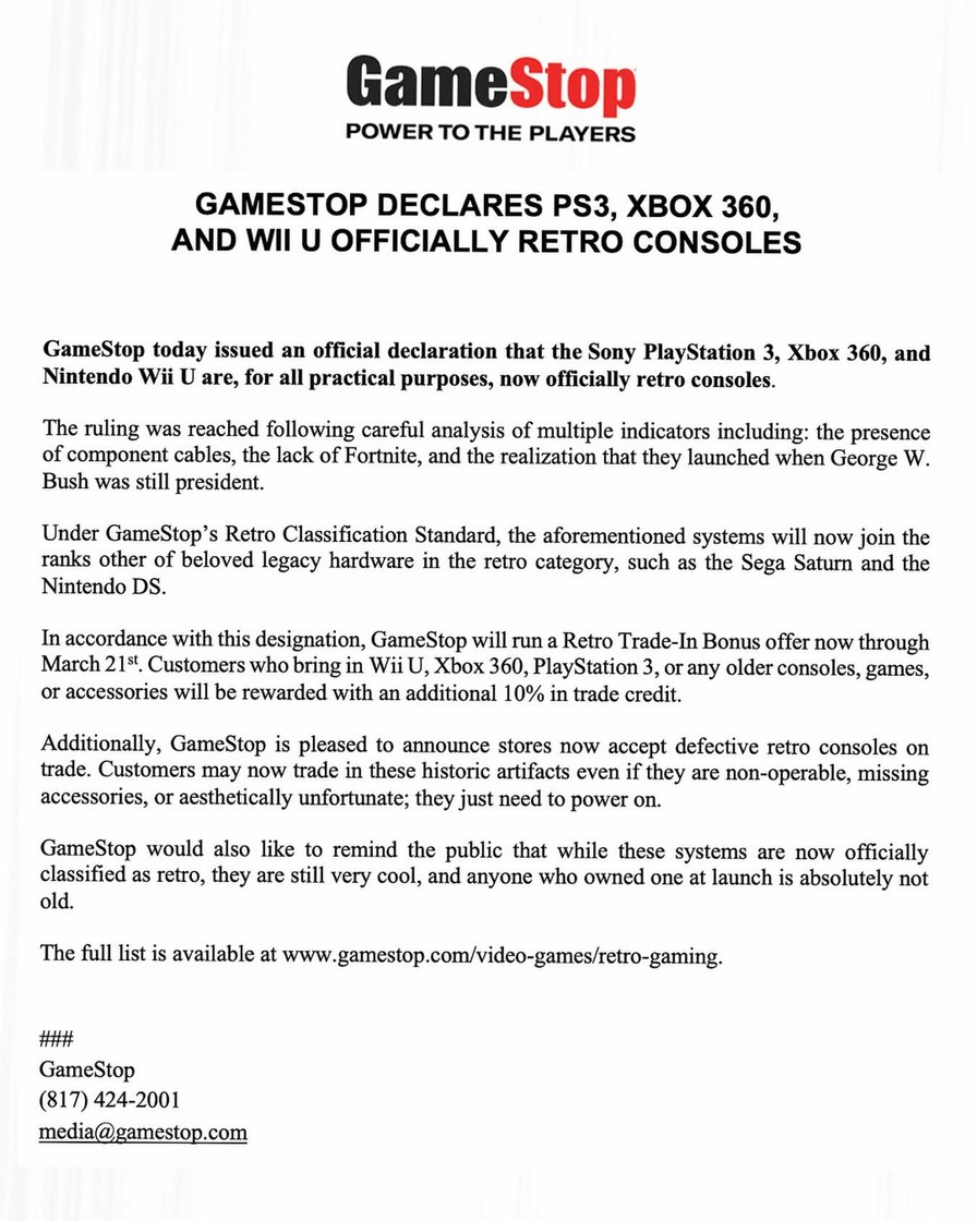 GameStop POWER TO THE PLAYERS. GameStop Declares PS3, Xbox 360, and Wii U Officially Retro Consoles. GameStop today issued an official declaration that the Sony PlayStation 3, Xbox 360, and Nintendo Wii U are, for all practical purposes, now officially retro consoles. The ruling was reached following careful analysis of multiple indicators includin