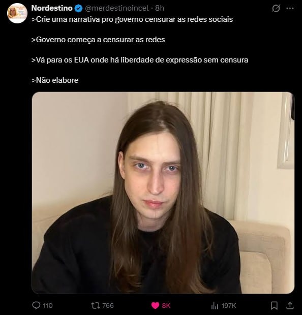 Nordestino @merdestinoincel - 8h
>Crie uma narrativa pro governo censurar as redes sociais
>Governo começa a censurar as redes
>Vá para os EUA onde há liberdade de expressão sem censura
>Não elabore
