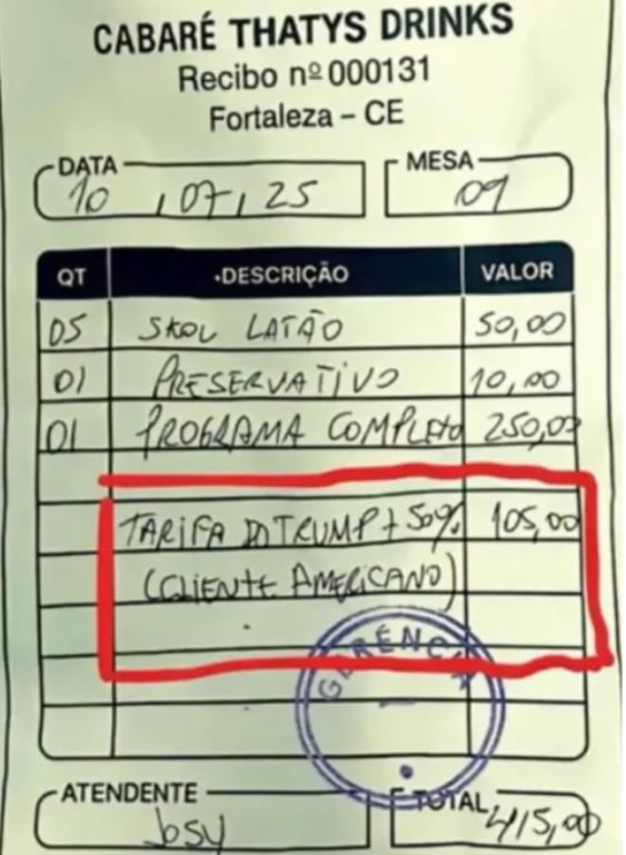 CABARÉ THATYS DRINKS Recibo nº 000131 Fortaleza - CE DATA 10 07 25 MESA 09 QT DESCRIÇÃO VALOR 05 SKOL LATÃO 50,00 01 PRESERVATIVO 10,00 01 PROGRAMA COMPLETO 250,00 TARIFA DO TRUMP + 50% (CLIENTE AMERICANO) 105,00 ATENDENTE bsy TOTAL 415,00
