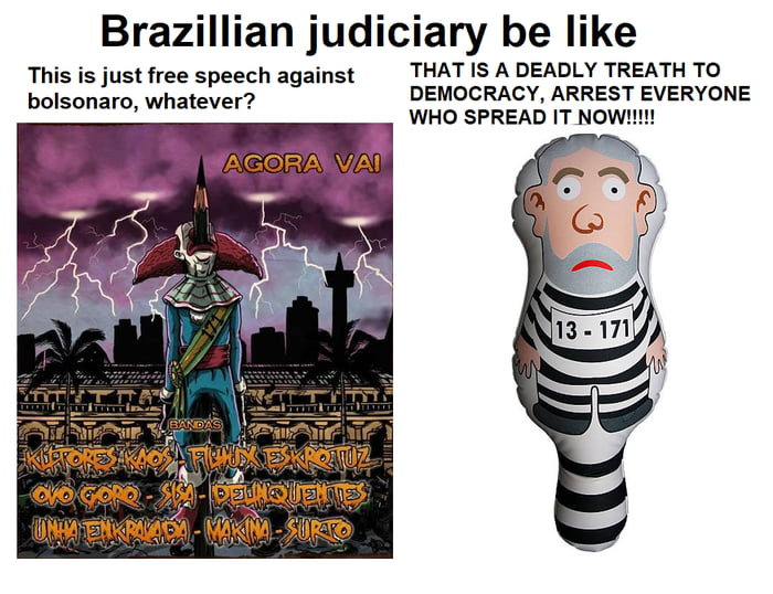 O judiciário brasileiro é tipo. Isso é apenas liberdade de expressão contra Bolsonaro, tanto faz? ISSO É UMA AMEAÇA MORTAL À DEMOCRACIA, PRENDAM TODOS QUE ESPALHAREM ISSO AGORA!!!!! AGORA VAI. BANDAS. KLIPTORES KAOS. FILHUX ESKROTUZ. OVO GORO. SISA - DELINQUENTES. UNHA ENKRAVADA. MAKINA - SURTO. 13 - 171.