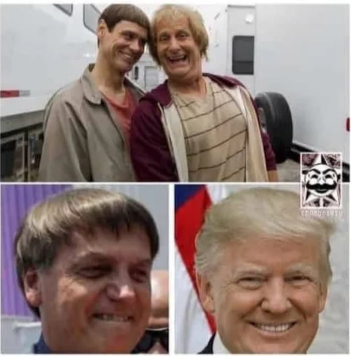 Dois personagens do filme 'Debi & Lóide' (Lloyd Christmas e Harry Dunne) sorrindo na parte superior. Na parte inferior, à esquerda, Jair Bolsonaro sorrindo, e à direita, Donald Trump sorrindo. A imagem compara os políticos aos personagens do filme.