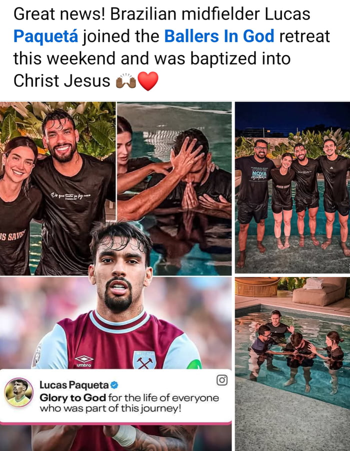 Ótimas notícias! O meio-campista brasileiro Lucas Paquetá participou do retiro Ballers In God neste fim de semana e foi batizado em Cristo Jesus 🙏❤️. Em uma camisa: 'JESUS SALVA'. Em outra camisa: 'É o que temos para hoje, né mano'. Em outra camisa: 'NOVA ESPERANÇA'. Postagem de Lucas Paquetá no Instagram: 'Glória a Deus pela vida de todos que fize