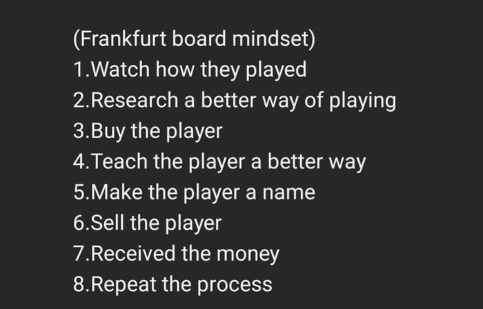 (Mentalidade da diretoria de Frankfurt)
1. Observe como eles jogaram
2. Pesquise uma maneira melhor de jogar
3. Compre o jogador
4. Ensine ao jogador uma maneira melhor
5. Faça o jogador se tornar um nome
6. Venda o jogador
7. Receba o dinheiro
8. Repita o processo