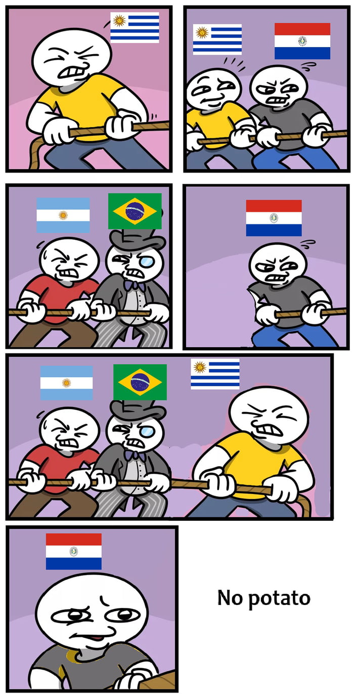 Um personagem representando o Uruguai está a puxar uma corda com esforço. Em seguida, o Paraguai junta-se ao lado oposto, e o Uruguai parece stressado. Noutro painel, a Argentina e o Brasil puxam juntos. O Paraguai é mostrado a puxar sozinho. Mais tarde, a Argentina e o Brasil puxam contra o Uruguai. No painel final, o Paraguai parece triste e há o