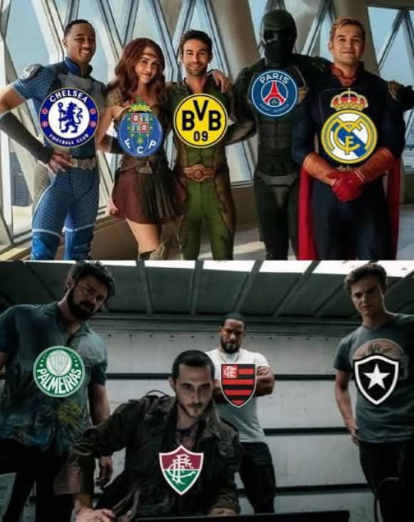 Personagens de 'The Boys' com escudos de clubes de futebol. Na parte superior, os 'Supes' (A-Train, Starlight, The Deep, Black Noir, Homelander) com clubes europeus como Chelsea, FC Porto, Borussia Dortmund, PSG e Real Madrid. Na parte inferior, os 'Boys' (Billy Butcher, Mother's Milk, Hughie Campbell, Frenchie) com clubes brasileiros como Palmeira