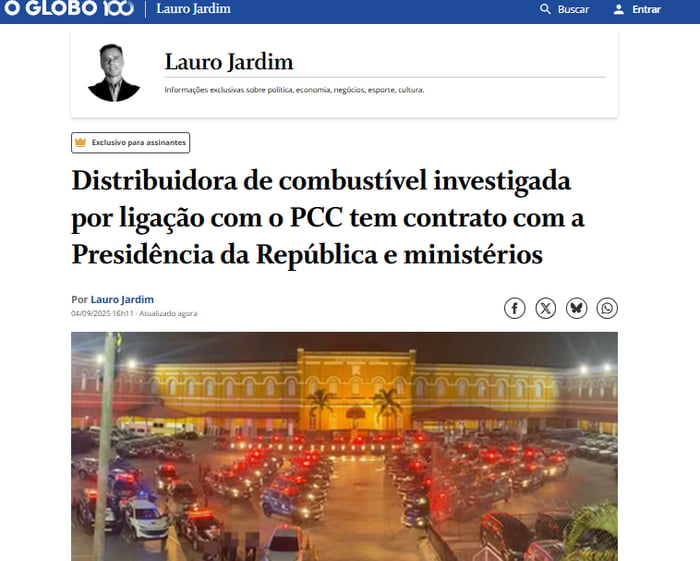 O GLOBO Lauro Jardim Buscar Entrar Lauro Jardim Informações exclusivas sobre política, economia, negócios, esporte, cultura. Exclusivo para assinantes Distribuidora de combustível investigada por ligação com o PCC tem contrato com a Presidência da República e ministérios Por Lauro Jardim 04/09/2025 16h11 Atualizado agora