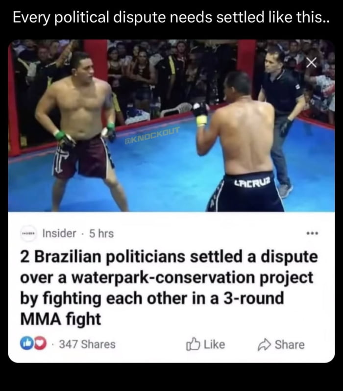Toda disputa política precisa ser resolvida assim.. Dois políticos brasileiros resolveram uma disputa sobre um projeto de conservação de um parque aquático lutando entre si em uma luta de MMA de 3 rounds.