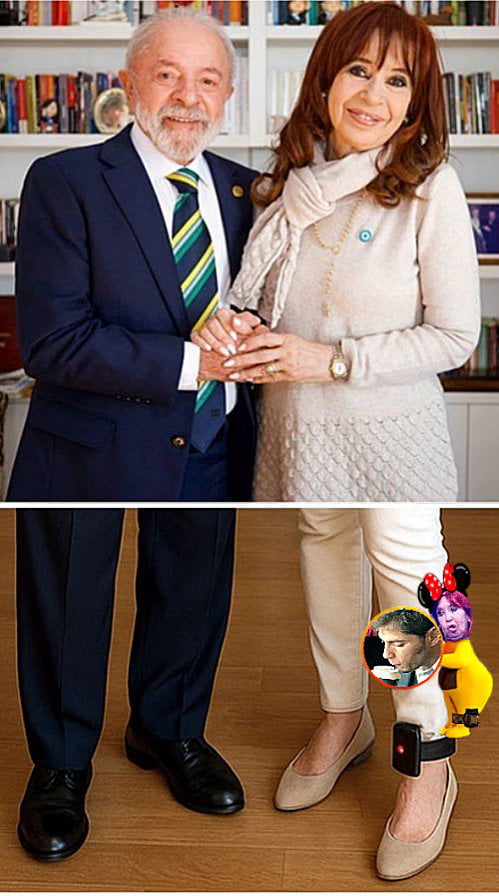 Lula e Cristina Kirchner posam para foto. Na parte inferior da imagem, a perna de Cristina Kirchner aparece com uma tornozeleira eletrônica e elementos de meme, incluindo uma imagem de Néstor Kirchner e orelhas da Minnie.