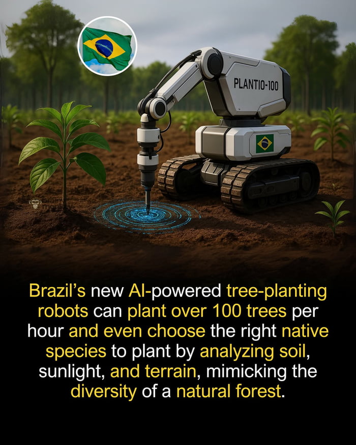 PLANTIO-100. Os novos robôs de plantio de árvores movidos a IA do Brasil podem plantar mais de 100 árvores por hora e até mesmo escolher as espécies nativas certas para plantar, analisando o solo, a luz solar e o terreno, imitando a diversidade de uma floresta natural.