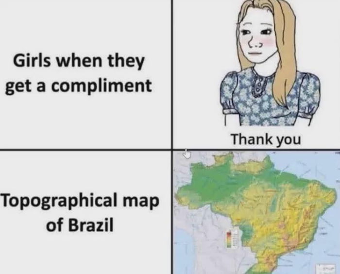Meninas quando recebem um elogio. Obrigada. Mapa topográfico do Brasil.