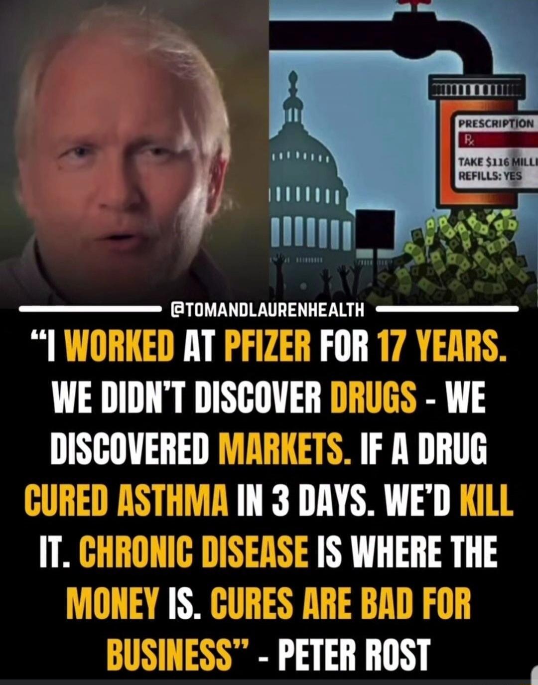 I worked at Pfizer for 17 years. We didn't discover drugs - we discovered markets. If a drug cured asthma in 3 days, we'd kill it. Chronic disease is where the money is. Cures are bad for business.