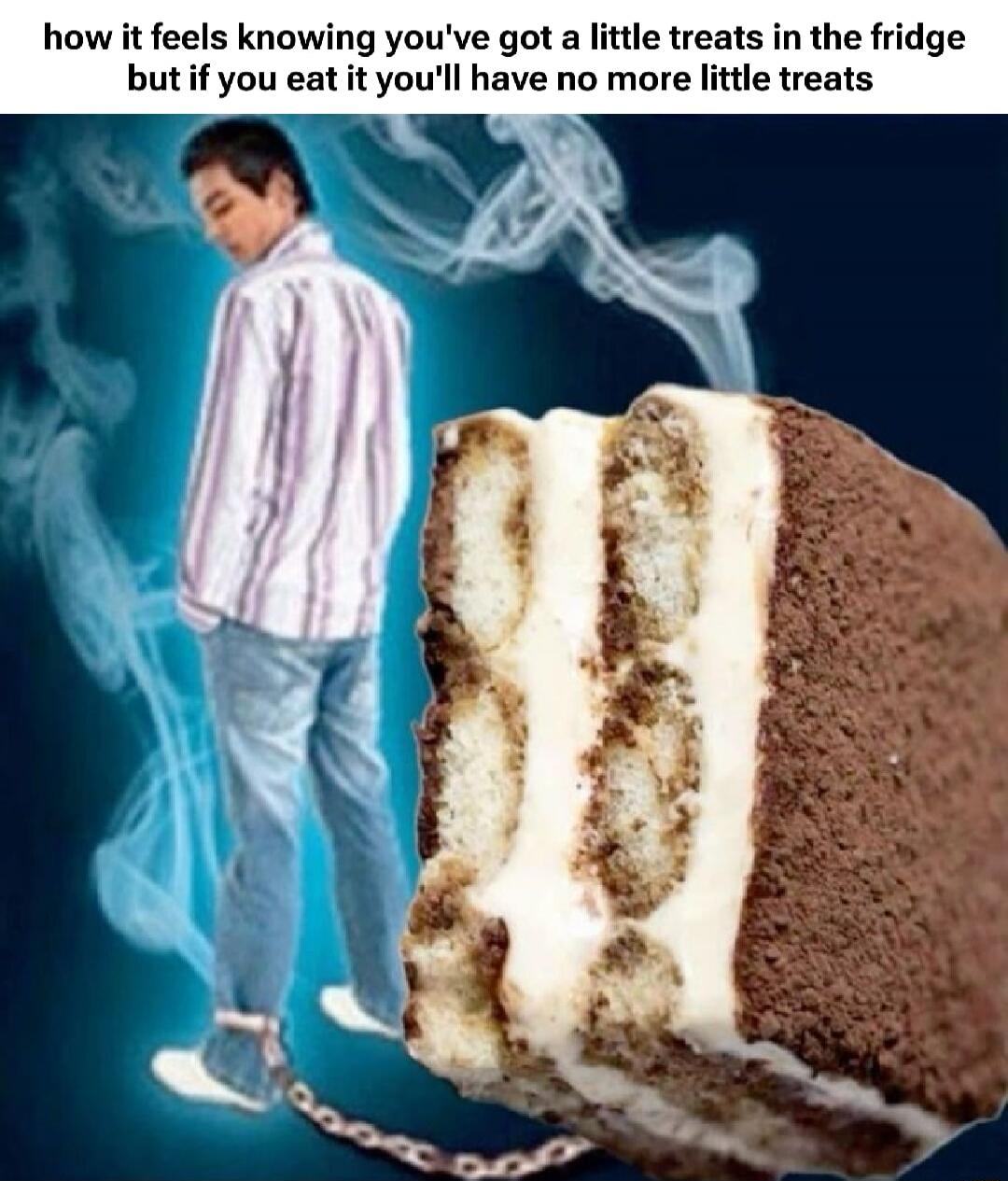 how it feels knowing you've got a little treats in the fridge but if you eat it you'll have no more little treats