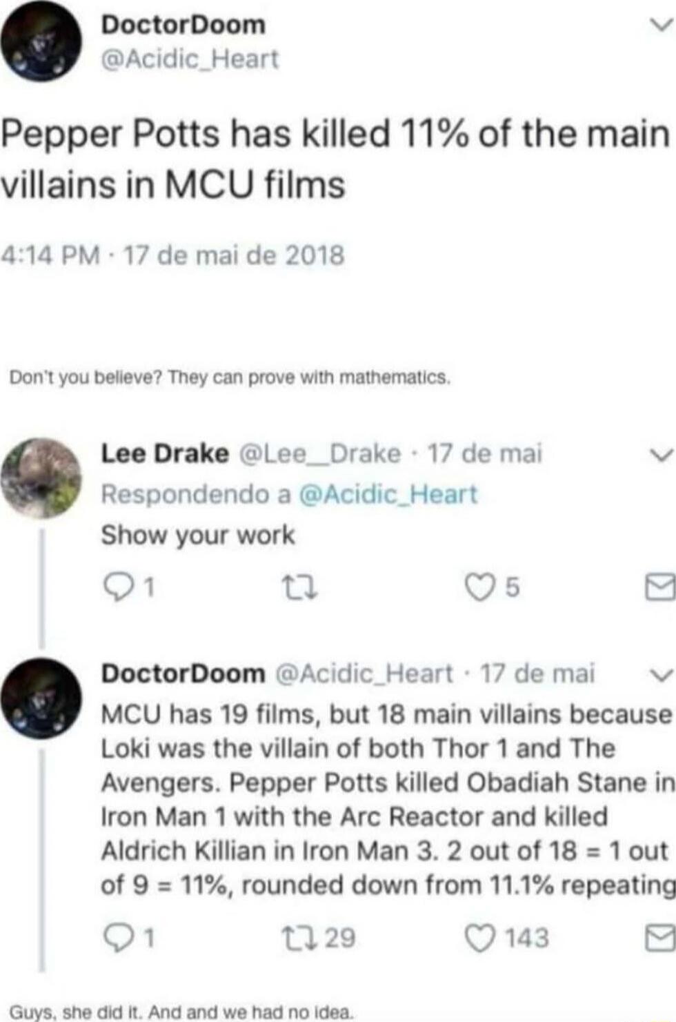Pepper Potts has killed 11% of the main villains in MCU films. Don't you believe? They can prove with mathematics. Show your work. MCU has 19 films, but 18 main villains because Loki was the villain of both Thor 1 and The Avengers. Pepper Potts killed Obadiah Stane in Iron Man 1 with the Arc Reactor and killed Aldrich Killian in Iron Man 3. 2 out o