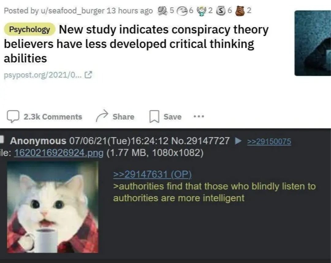 New study indicates conspiracy theory believers have less developed critical thinking abilities. authorities find that those who blindly listen to authorities are more intelligent.