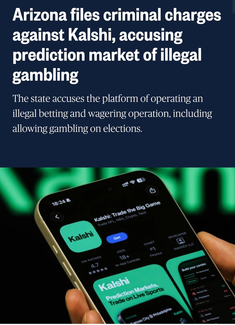 Arizona files criminal charges against Kalshi, accusing prediction market of illegal gambling. The state accuses the platform of operating an illegal betting and wagering operation, including allowing gambling on elections. Kalshi: Trade the Big Game. Trade NFL, NBA, Crypto, Tech. Kalshi. Get. 51K RATINGS. 4.7. AGES 18+. In-App Controls. CHART #1 F