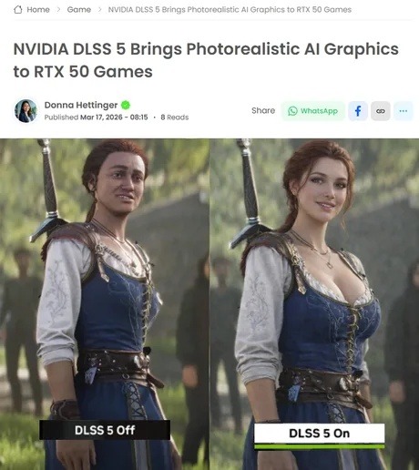 NVIDIA DLSS 5 Brings Photorealistic AI Graphics to RTX 50 Games. DLSS 5 Off. DLSS 5 On. The image shows a comparison of a female character with DLSS 5 off and on. With DLSS 5 off, the character appears less detailed and has a smaller bust. With DLSS 5 on, the character appears more detailed, with enhanced facial features and a significantly larger 