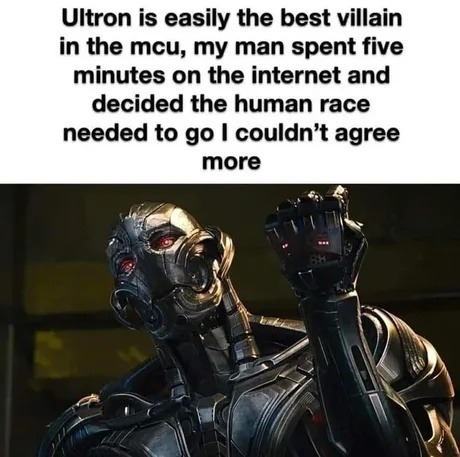 Ultron is easily the best villain in the MCU, my man spent five minutes on the internet and decided the human race needed to go I couldn't agree more