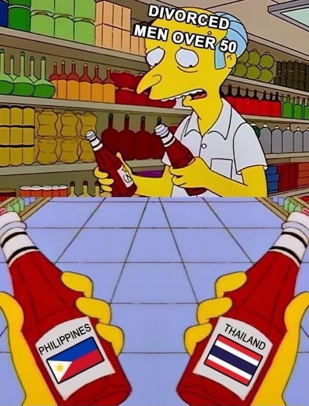 DIVORCED MEN OVER 50 choosing between bottles labeled PHILIPPINES and THAILAND.