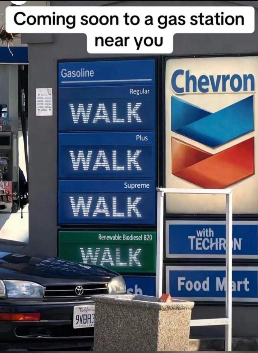 Coming soon to a gas station near you. Gasoline. Regular WALK. Plus WALK. Supreme WALK. Renewable Biodiesel B20 WALK. Chevron. with TECHRON. Food Mart.