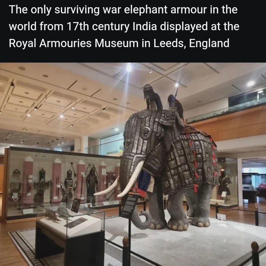 The only surviving war elephant armour in the world from 17th century India displayed at the Royal Armouries Museum in Leeds, England