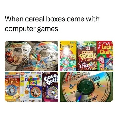 When cereal boxes came with computer games. Sorry! Cheerios. Cocoa Pebbles. Lucky Charms. Honey Nut Cheerios. Cinnamon Toast Crunch. Coco Puffs. RollerCoaster Tycoon. CD-ROM. Free CD-ROM. English Version.