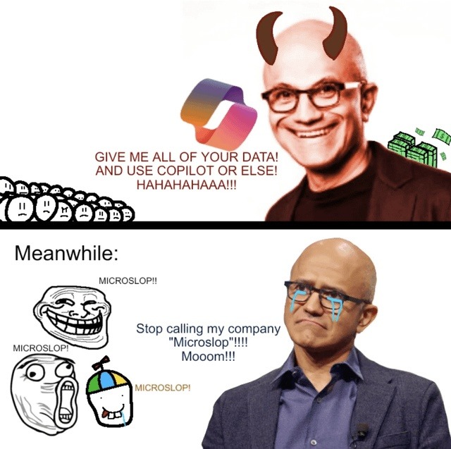 GIVE ME ALL OF YOUR DATA! AND USE COPILOT OR ELSE! HAHAHAHAAA!!! Meanwhile: MICROSLOP!! Stop calling my company 