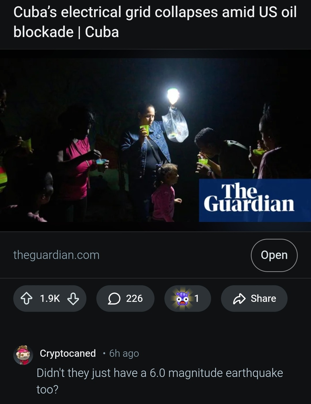 Cuba's electrical grid collapses amid US oil blockade | Cuba. The Guardian. Comment: Didn't they just have a 6.0 magnitude earthquake too?