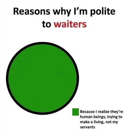 Reasons why I'm polite to waiters. Because I realize they're human beings, trying to make a living, not my servants.