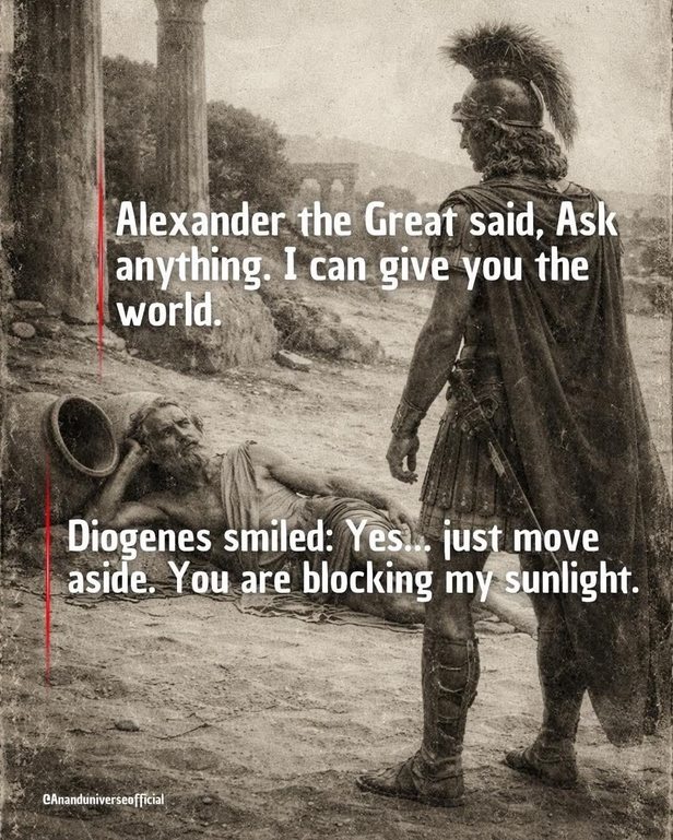 Alexander the Great said, Ask anything. I can give you the world. Diogenes smiled: Yes... just move aside. You are blocking my sunlight. @Ananduniverseofficial