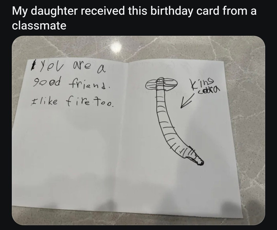 My daughter received this birthday card from a classmate. You are a good friend. I like fire too. king cobra