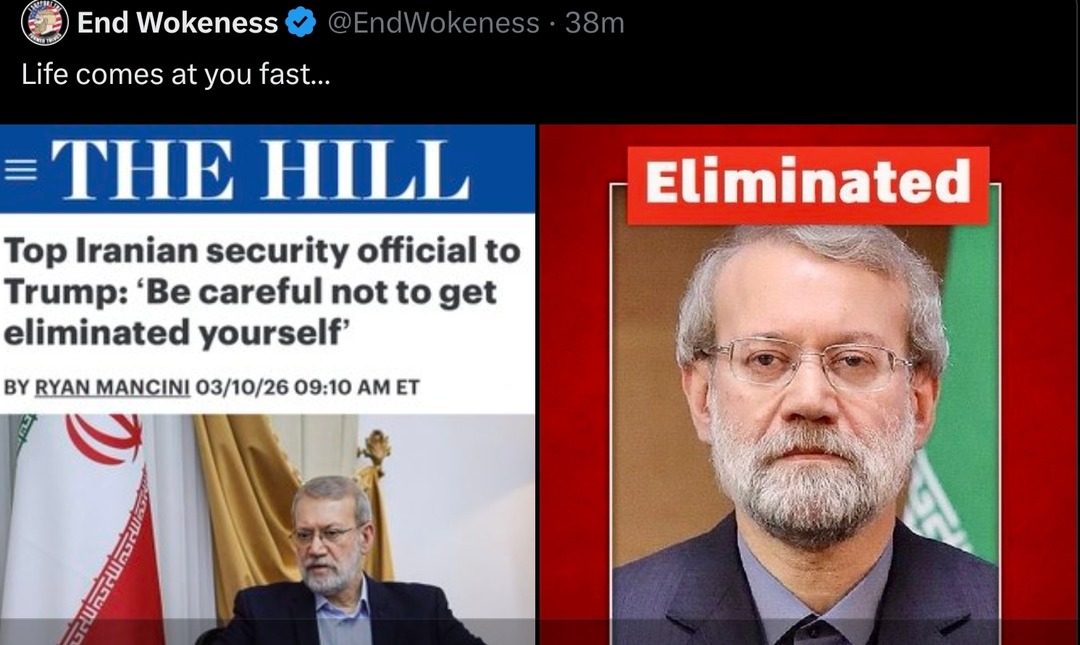 End Wokeness @EndWokeness 38m Life comes at you fast... THE HILL Top Iranian security official to Trump: 'Be careful not to get eliminated yourself' BY RYAN MANCINI 03/10/26 09:10 AM ET Eliminated