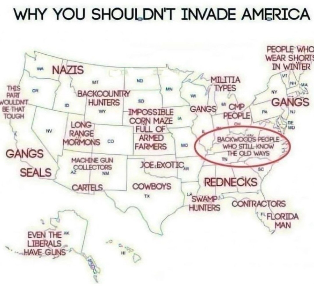 WHY YOU SHOULDN'T INVADE AMERICA. NAZIS. BACKCOUNTRY HUNTERS. IMPOSSIBLE CORN MAZE FULL OF ARMED FARMERS. LONG RANGE MORMONS. MACHINE GUN COLLECTORS. CARTELS. COWBOYS. SEALS. GANGS. THIS PART WOULDN'T BE THAT TOUGH. MILITIA TYPES. CMP PEOPLE. BACKWOODS PEOPLE WHO STILL KNOW THE OLD WAYS. REDNECKS. SWAMP HUNTERS. CONTRACTORS. FLORIDA MAN. PEOPLE WHO